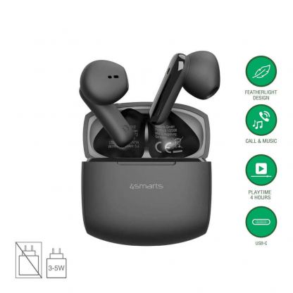 Безжични блутут слушалки със зареждащ кейс - 4smarts SkyBuds Air TWS In-Ear Bluetooth Earphones (черен)