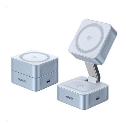 Двойна поставка (пад) за безжично зареждане за iPhone с Magsafe и AirPods - Ugreen Qi2 MagFlow 2-in-1 Inductive Charger 25W (син)