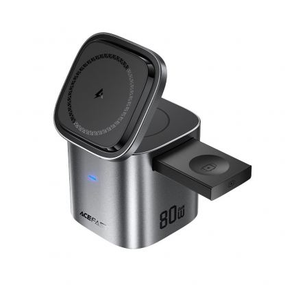 Tройна поставка (пад) за безжично зареждане за iPhone с MagSafe, Apple Watch, AirPods с вграден USB-C кабел и USB-A и USB-C изходи - Acefast GaN 6-in-1 MagSafe Charging Station 80W (тъмносив)