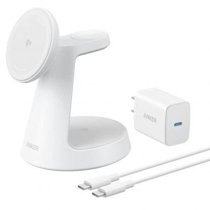 Преносима тройна поставка (пад) за безжично зареждане за iPhone с MagSafe, Apple Watch, AirPods и Qi съвместими мобилни устройства - Anker MagGo 3-in-1 MagSafe Qi2 15W Wireless Charging Station (бял)