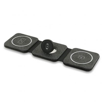 Тройна поставка (пад) за безжично зареждане на iPhone с Magsafe, Apple Watch и Qi съвместими устройства - Guess PU 4G 3-in-1 MagSafe Wireless Charger 15W (черен)