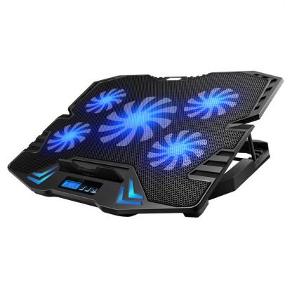 Omega Laptop Cooler Pad LCD Screen - охлаждаща ергономична поставка с LED подсветка за Mac и преносими компютри (черен-син)