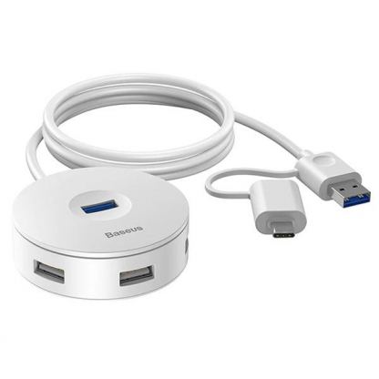 Baseus USB-A & USB-C Round Box Hub Adapter - 4-портов USB хъб за компютри и лаптопи (100 см) (бял)