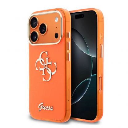 Хибриден удароустойчив кейс за iPhone 17 Pro - Guess IML 4G Script Metal Logo Case (оранжев)